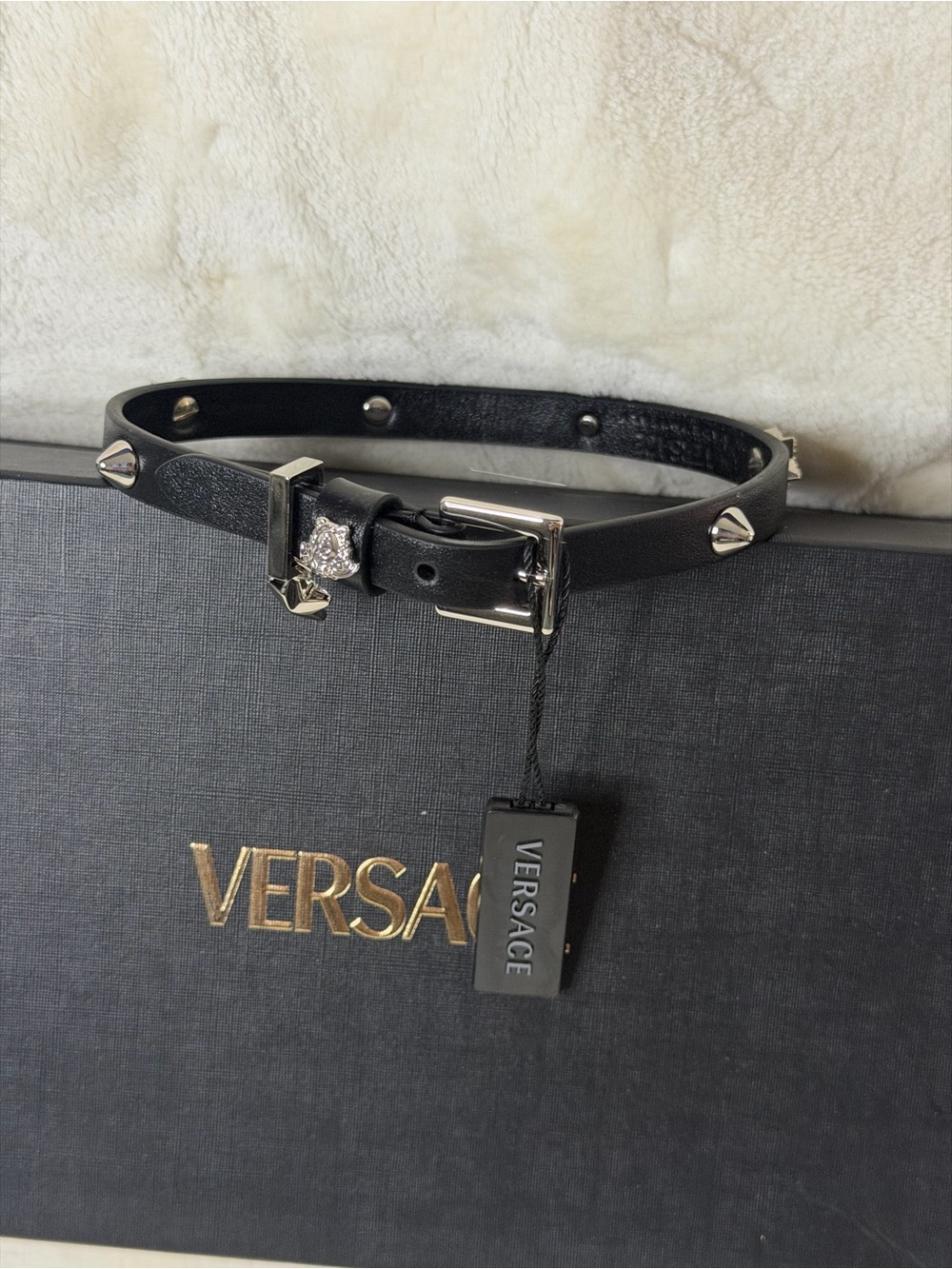Versace Black Leather Studded Choker with Silver Medusa Charm